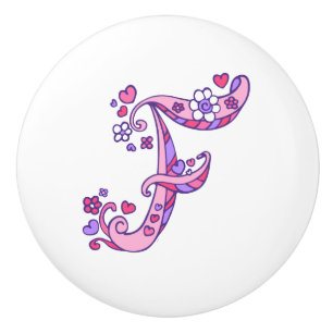 Letter F monogram hearts and flower pull knob