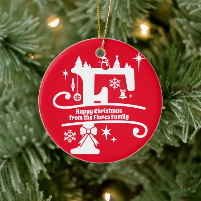 Letter F Monogram Initial Family Name Greeting Ceramic Ornament (Tree)