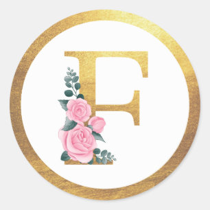 Letter F Monogram Pink Roses Floral & Elegant Gold Classic Round Sticker