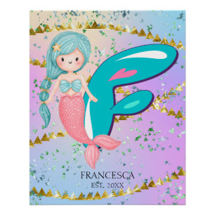 Letter F Monogram Watercolor Cute Mermaid Nursery Poster
