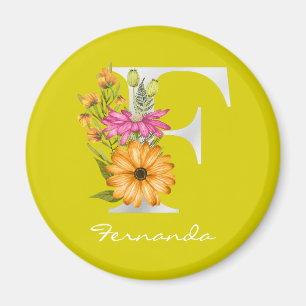 Letter F   Name   Floral White Metallic Monogram Magnet