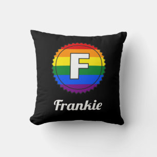 Letter F Name Gay Pride Rainbow Monogram - Black Cushion