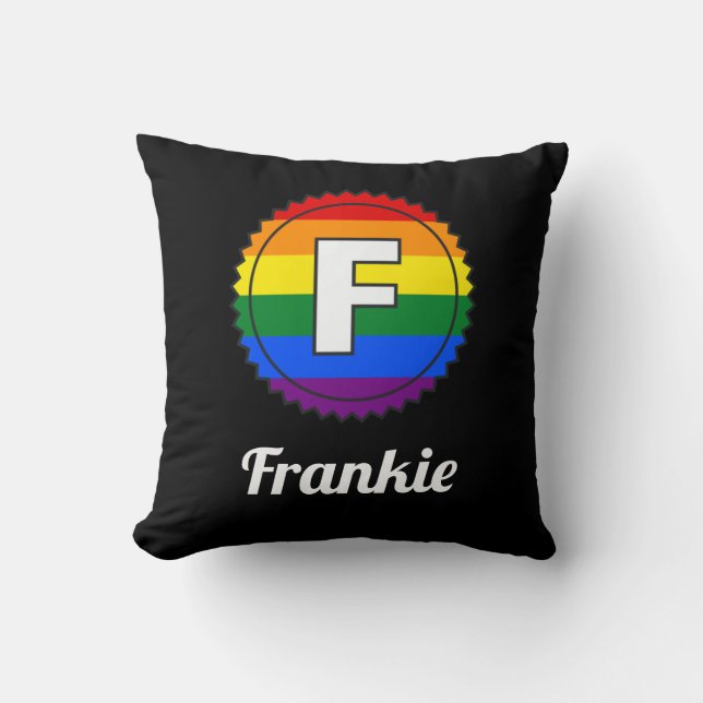 Letter F Name Gay Pride Rainbow Monogram - Black Cushion (Front)