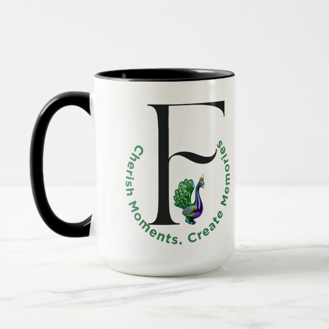 Letter F Peacock Cherish Moments Create Memories Mug (Left)