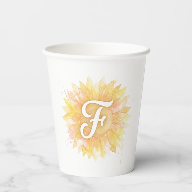 Letter F Sunflower First Name Monogram Initial  Paper Cups (Back)