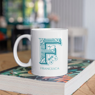 Letter F Teal Monogram Modern Name  Coffee Mug