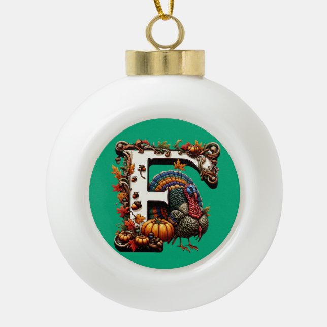 Letter f Thanksgiving gift style  Ceramic Ball Christmas Ornament (Front)