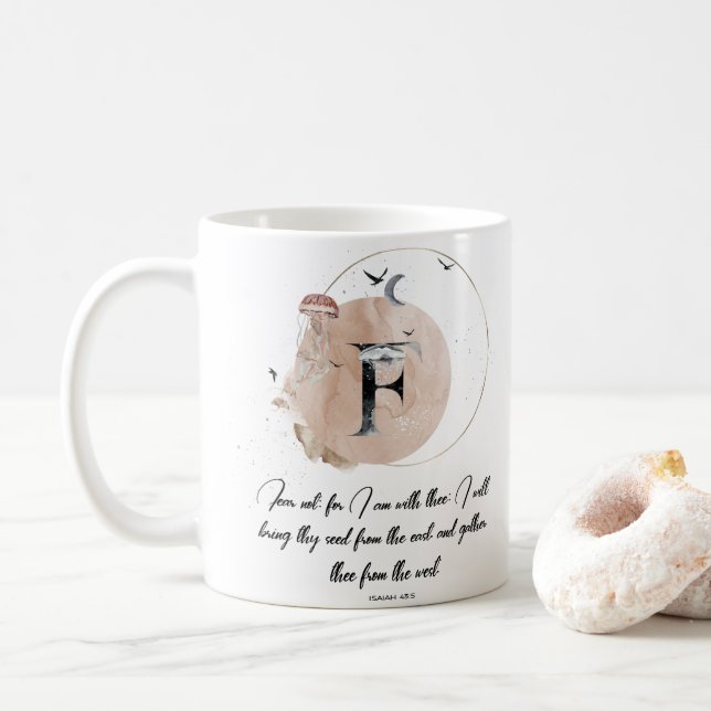 Letter F, watercolor bible quote mug (With Donut)