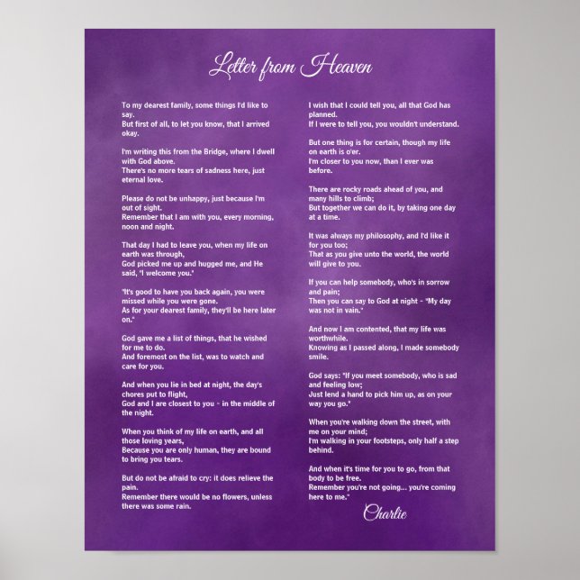 Letter From Heaven - Personalise with Pet's Name Poster (Front)
