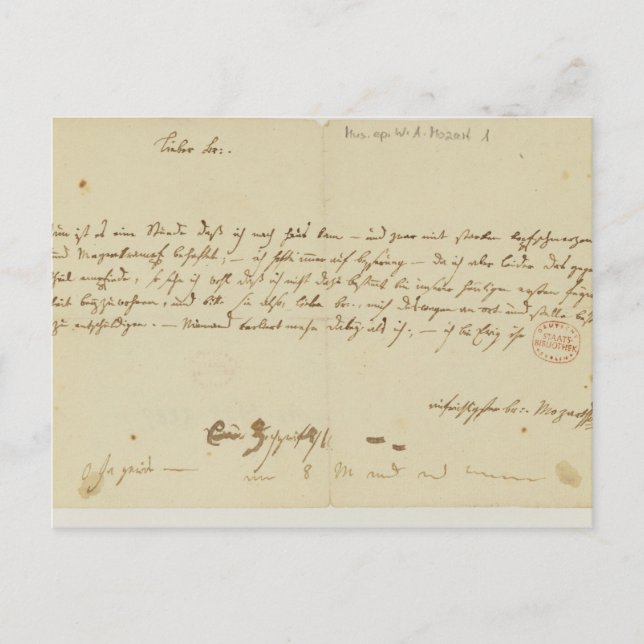 Letter from Mozart to a freemason, January 1786 Postcard (Front)