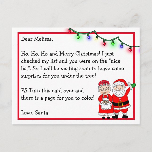 Letter from Santa for Kids | Colouring Page on Bac Postcard (Front)