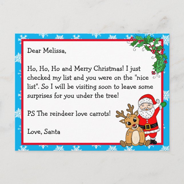 Letter from Santa, Nice List, for Kids  Postcard (Front)