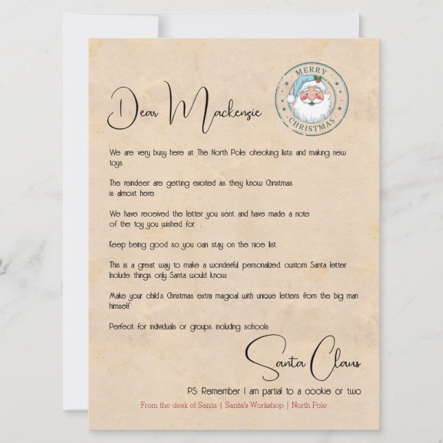 Letter From the Desk of Santa Personalised Holiday Card (Front)