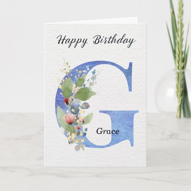 Letter G Birthday Custom Name Her Blue Monogram Card (Front)