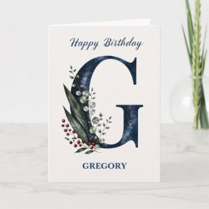 Letter G Birthday for Him Personalised Name Blue Card
