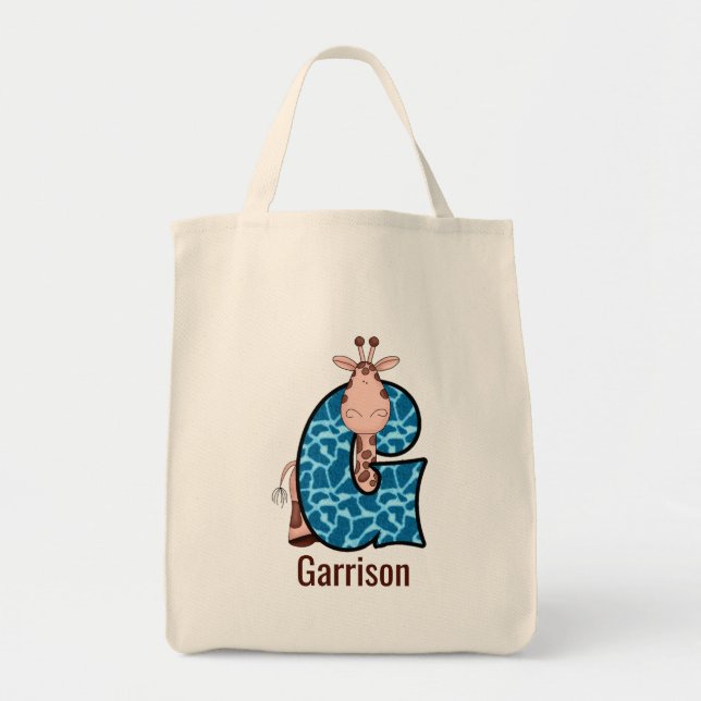 Letter G Blue Giraffe with Name Girls Tote Bag (Front)
