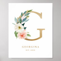 Letter G Blush Floral Monogram Gold Foil Nursery 