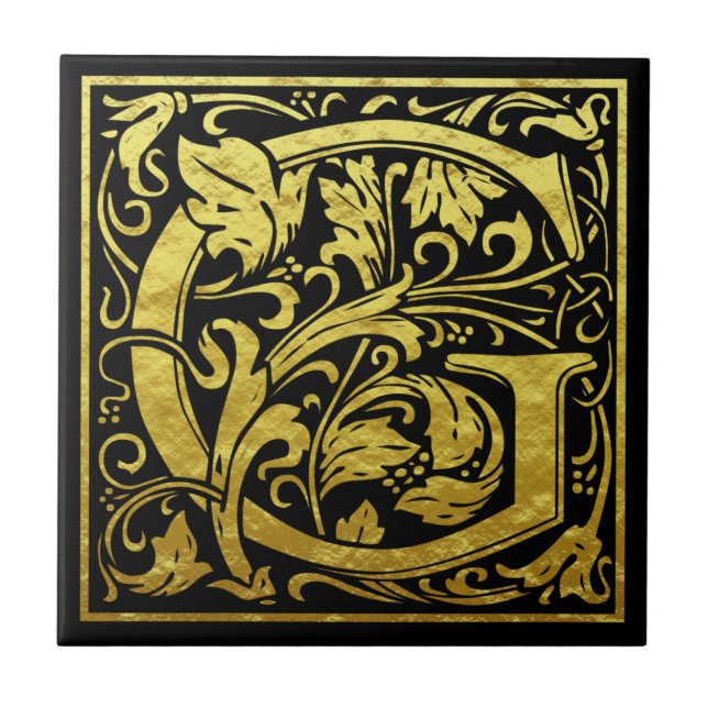 Letter G First Letter Faux Gold Black Ceramic Tile (Front)