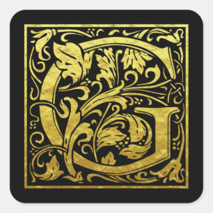 Letter G First Letter Faux Gold Black Square Sticker