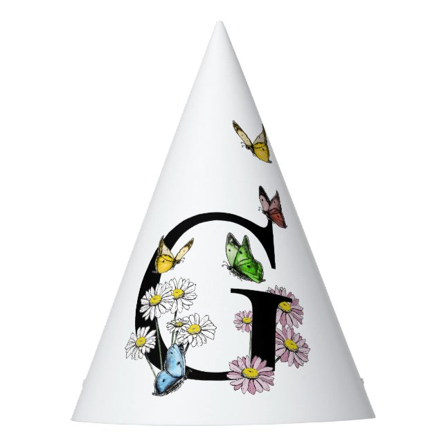 Letter G Floral Butterfly Monogram Initial  Party Hat (Front)