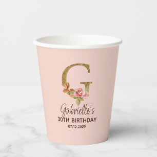 Letter G Gold Monogram Blush Pink Roses Paper Cups