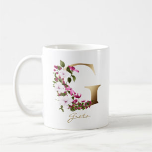 Letter G Gold Monogram  White Magenta Green Floral Coffee Mug