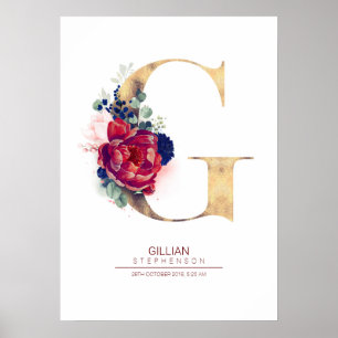 Letter G Monogram Floral Navy Blue and Burgundy Poster