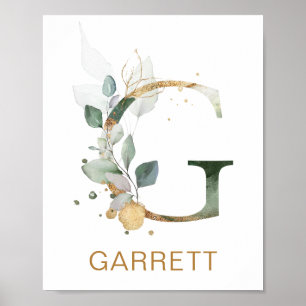 Letter G Monogram Green & gold foliage Nursery Poster