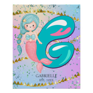 Letter G Monogram Watercolor Cute Mermaid Nursery Poster