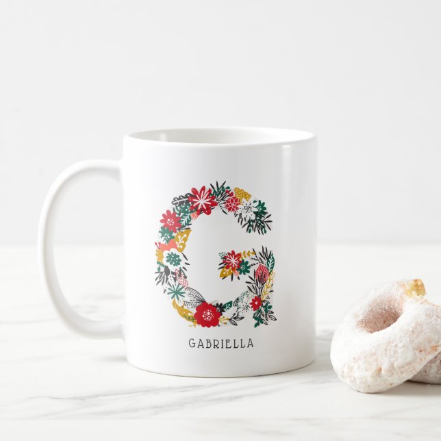 Letter G | Whimsical Floral Letter Monogram I Mug (With Donut)