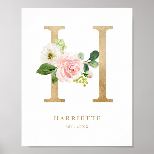 Letter H Blush Floral Monogram Gold Foil Nursery  Poster (Front)