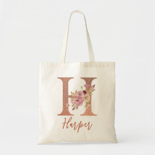 Letter H Blush pink Glitter Floral Monogram Tote Bag