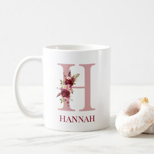 Letter H Burgundy Blush Floral Coffee Mug