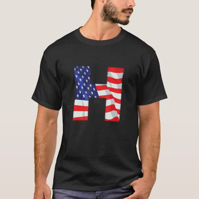 Letter H Capital Alphabet Usa American Flag Monogr T-Shirt (Front)