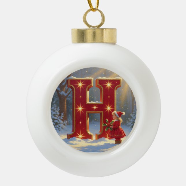 Letter H Christmas Holly Personalized Initial Ceramic Ball Christmas Ornament (Front)