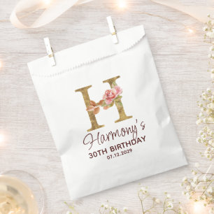 Letter H Gold Monogram Blush Pink Roses Favour Bag