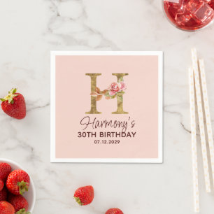 Letter H Gold Monogram Blush Pink Roses Napkin