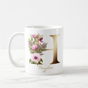 Letter H Gold Monogram   Pink Magenta Floral Coffee Mug