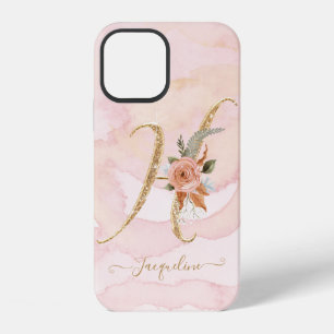 Letter H Gold Script Monogram Watercolor Floral iPhone 12 Case