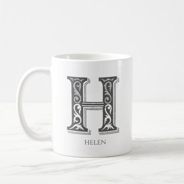 Letter H Grey Monogram Modern Name Coffee Mug (Left)