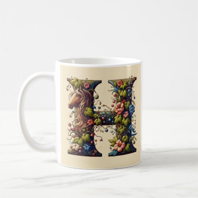 Letter H Horse and Flower Vine  Coffee Mug (Left)