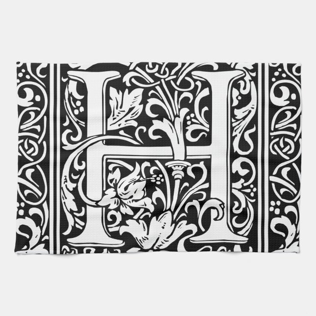 Letter H Mediaeval Monogram Art Nouveau Tea Towel (Horizontal)