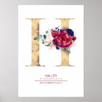 Letter H Monogram Floral Navy Blue and Burgundy