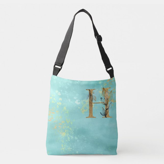 *~ LETTER H - Monogram Gold Glitter Turquoise Blue Crossbody Bag (Front)