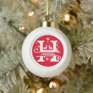 Letter H Monogram Initial Family Name Greeting Ceramic Ball Christmas Ornament