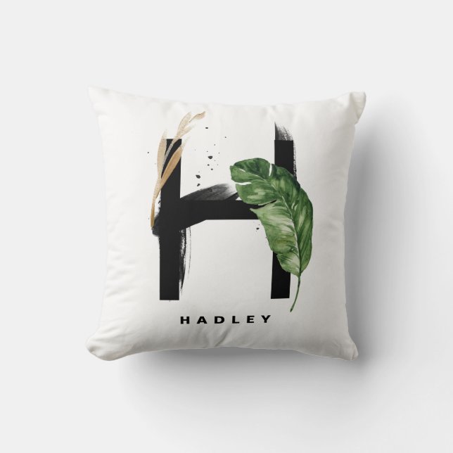 Letter H Monogram Palm Leaves Tropical Cushion (Front)