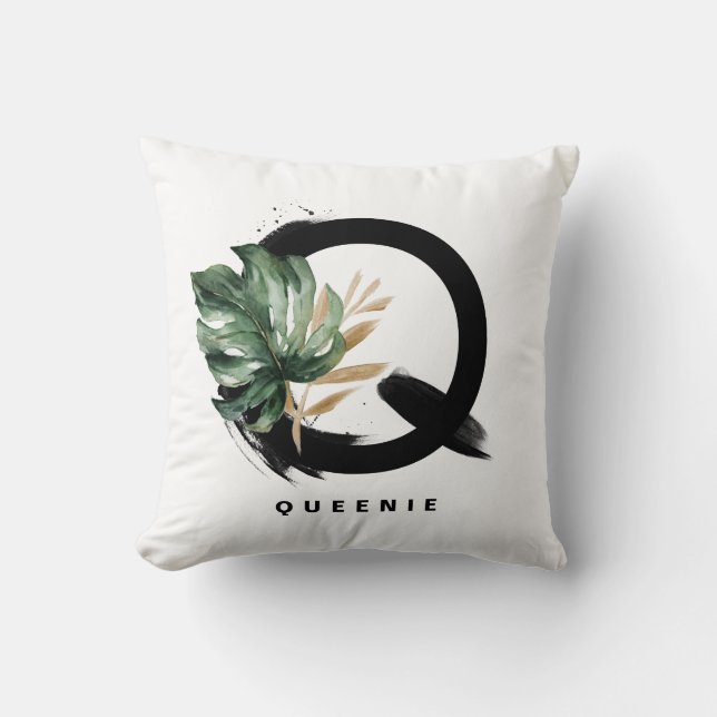 Letter H Monogram Palm Leaves Tropical Throw Pillo Cushion (Front)