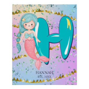 Letter H Monogram Watercolor Cute Mermaid Nursery Poster