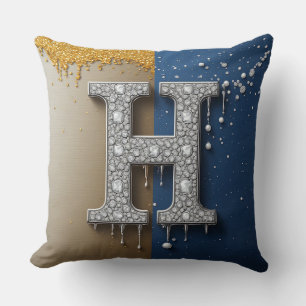 Letter H Navy Gold Dripping Paint Pearl Initial Cushion