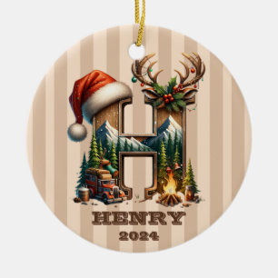 Letter H Rustic Holiday Monogram with Camper Scene Ceramic Ornament
